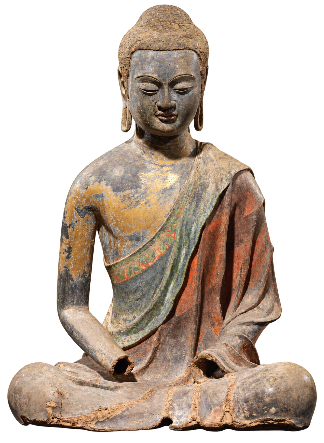 A seated Buddha in dark lacquer with traces of gilding and of red and green pigment; both hands are missing.